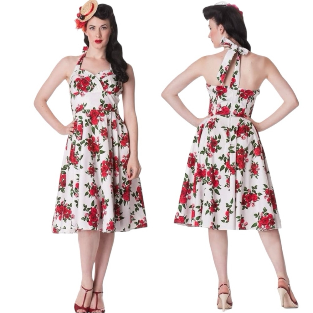 Hell Bunny Halter Dress Rose Print; Sz L (UK 14)